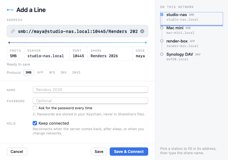 The Add a Line sheet splitting a pasted smb:// address into protocol, server, port, share and user