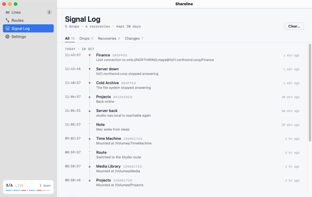 The Signal Log listing drops, recoveries and route changes with times