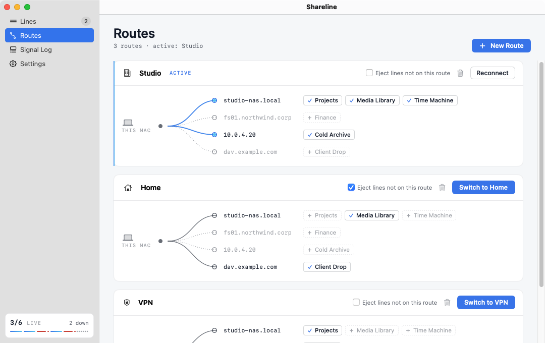 The Routes page with Studio, Home and VPN routes drawn as lines from this Mac to each server